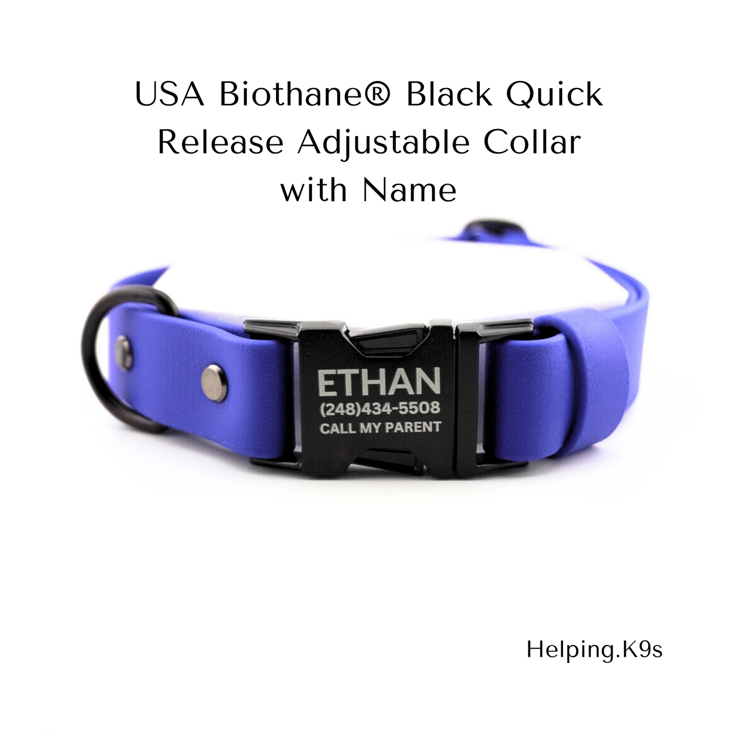Personalized Waterproof BioThane® Dog Collar – Custom Name & Number, Adjustable 1" Collar (Handmade in USA, Durable & Odor-Proof)