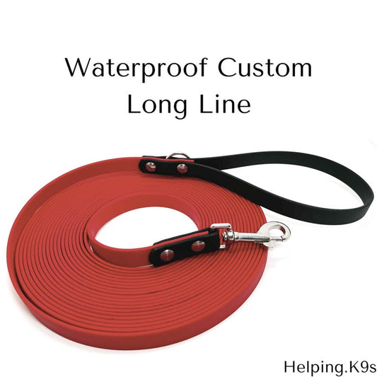 Long BioThane® Dog Leash – Custom Waterproof Training Lead, 10–50 ft, 5/8" Wide with Brass Hardware, Handmade in USA