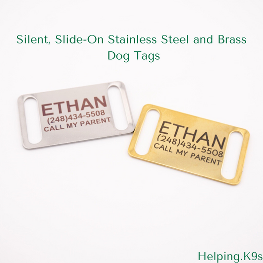Slide On Dog Tag - Silent Dog Tag - Dog Tags For Dogs Personalized - Dog Name Tag - Custom Dog Collar Tag - Brass and Stainless Steel Tags