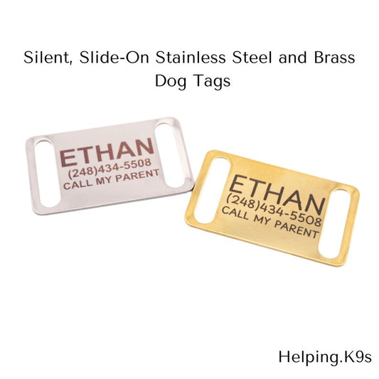 Slide-On Silent Dog Tag – Personalized Stainless Steel & Brass Pet ID Tag, Custom Engraved Noise-Free Collar Tag for Dogs
